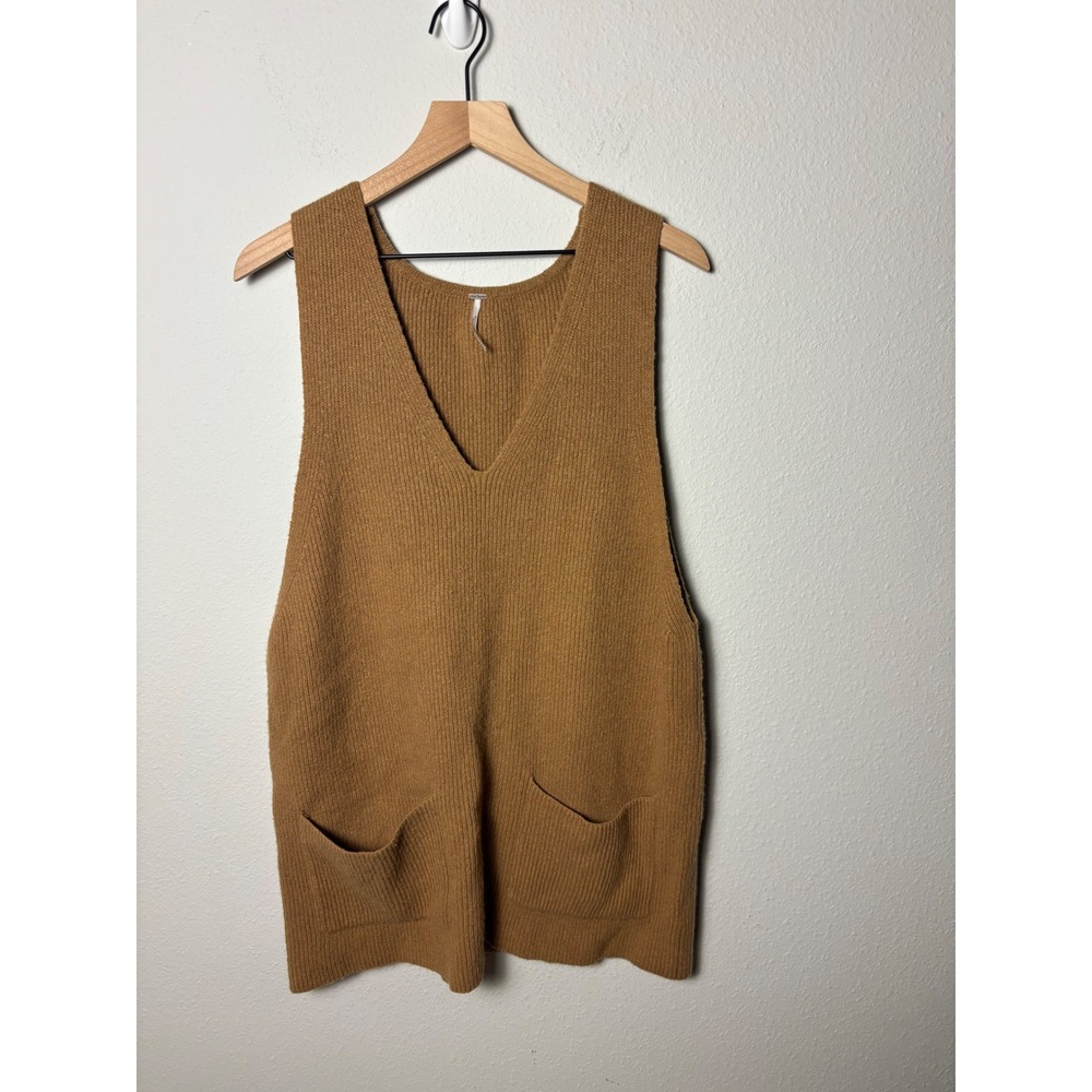 Free People Nikki Sweater Mini Dress Tan Camel Ribbed V-Neck Sleeveless Size M